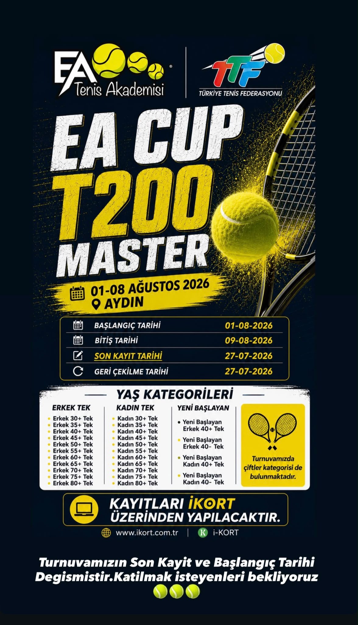 Şehrimizde EA CUP T200 Master Turnuvasına çok az kaldı... Son Kayıt 27 Temmuz 2026 Pazartesi 17.00
